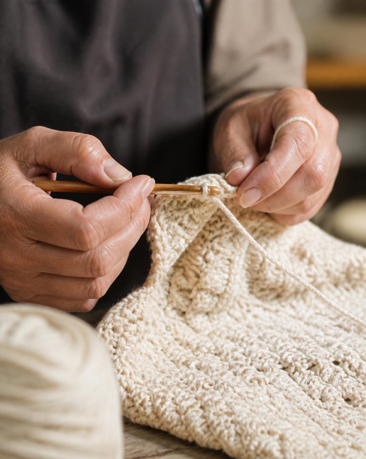 Manos tejiendo hilo de algodón natural en el atelier